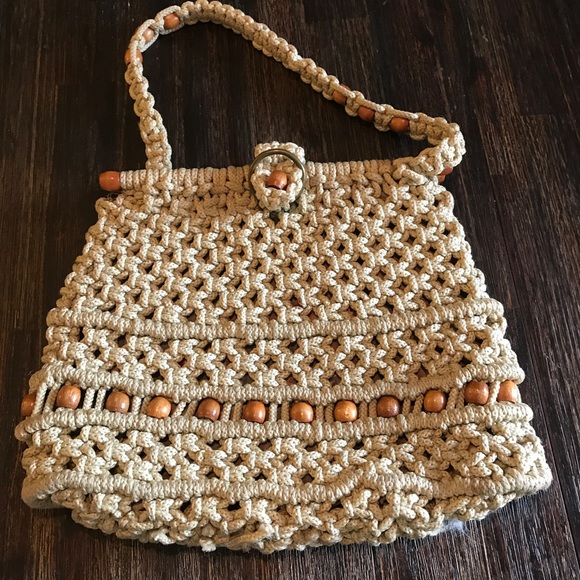 Vintage Handbags - 60's / 70's Macramé Wood Beaded  Hemp Rope Purse